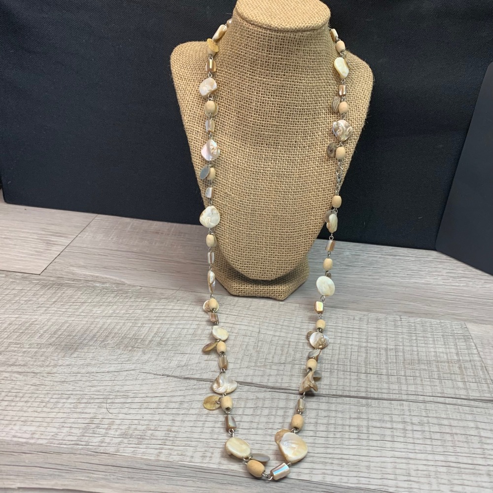 Mother of Pearl Shell and Wood Bead Long Strand Necklace 36 Inch Boho 5610